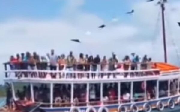 Embarcação passa por cima de canoa com pescadores e criança na Bahia