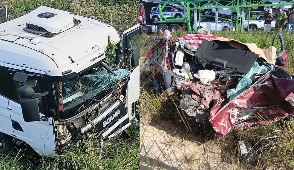 Colisão frontal entre carreta e carro deixa motorista preso às ferragens na BR-101